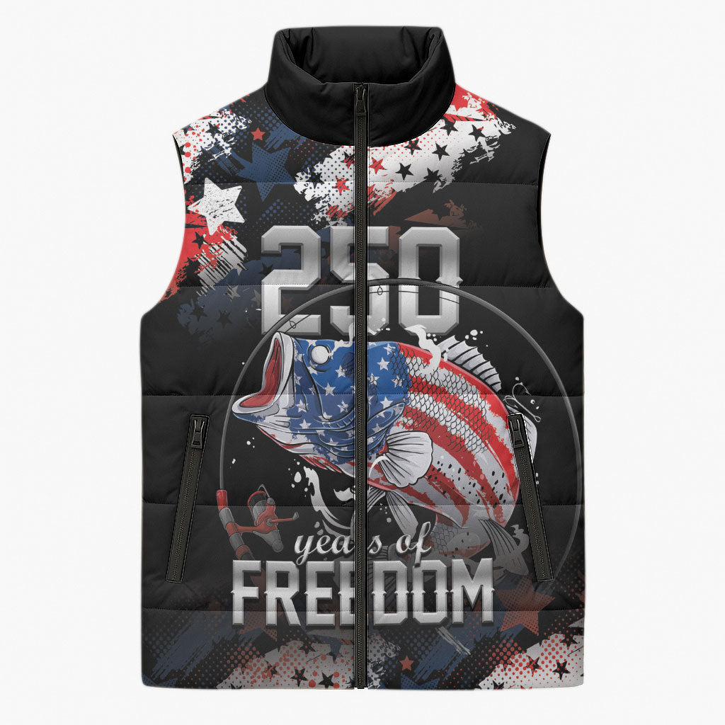 Personalized Largemouth Bass Fishing Sleeveless Puffer Jacket America 250 Year Freedom