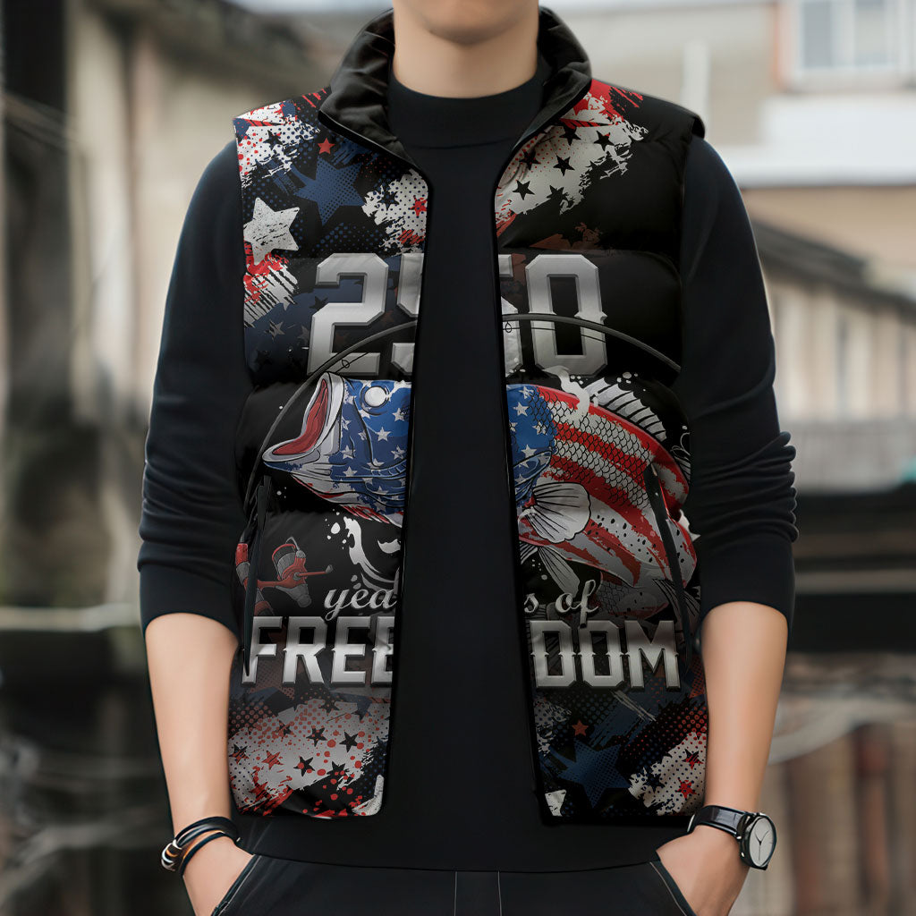 Personalized Largemouth Bass Fishing Sleeveless Puffer Jacket America 250 Year Freedom