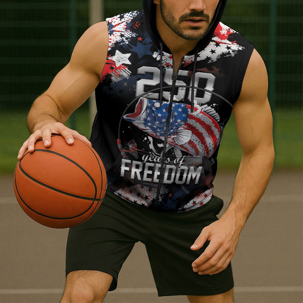 Personalized Largemouth Bass Fishing Sleeveless Zip Hoodie America 250 Year Freedom