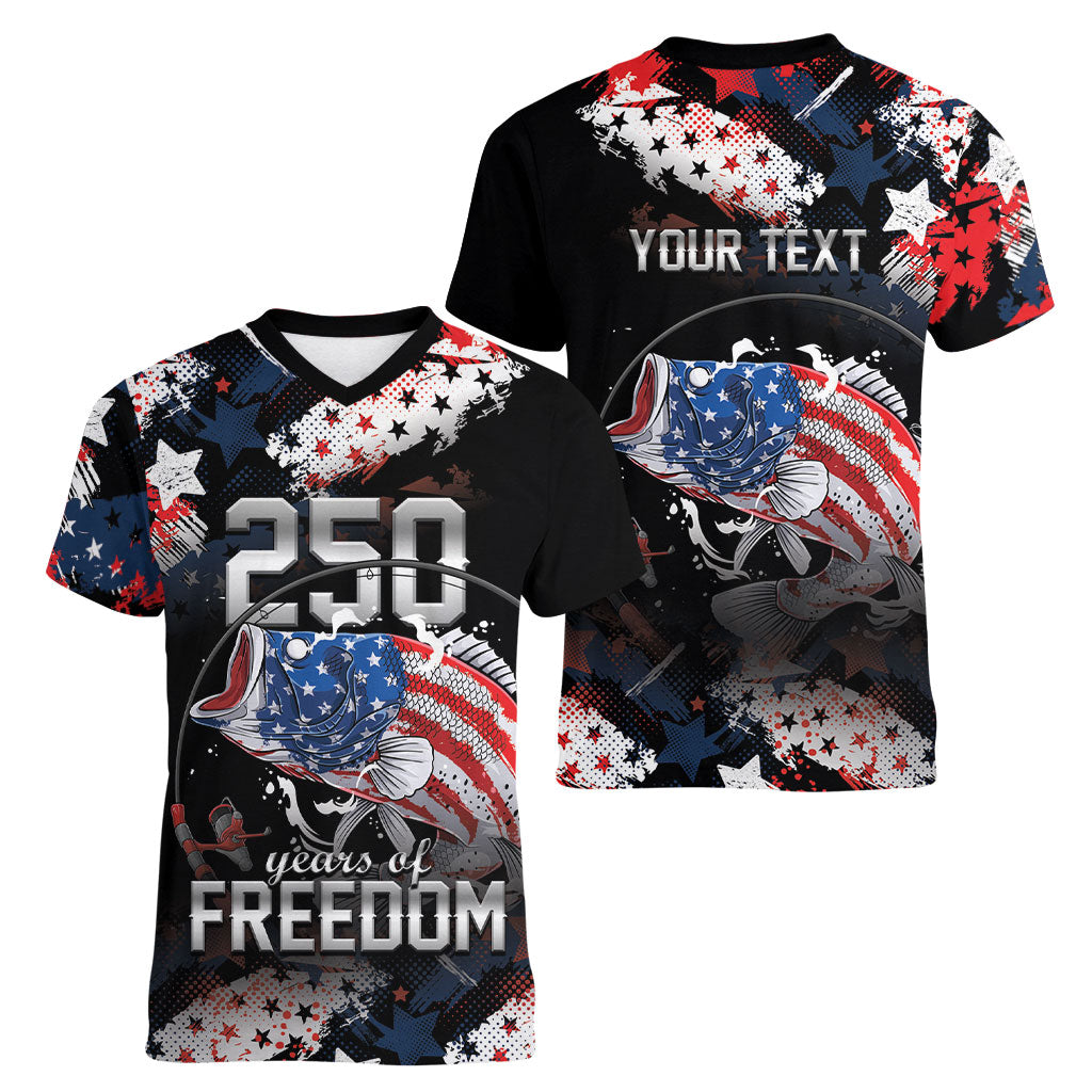 Personalized Largemouth Bass Fishing Women V-Neck T-Shirt America 250 Year Freedom