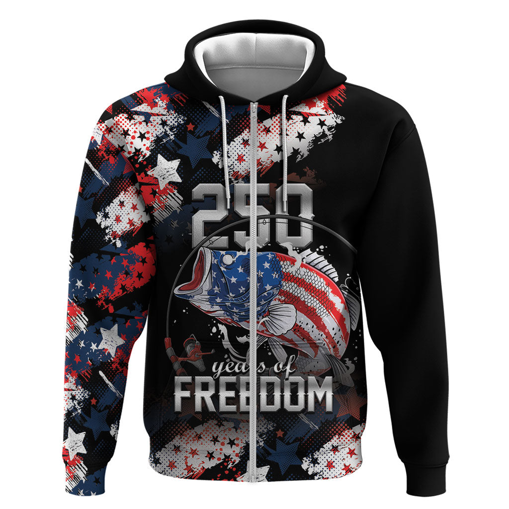 Personalized Largemouth Bass Fishing Zip Hoodie America 250 Year Freedom