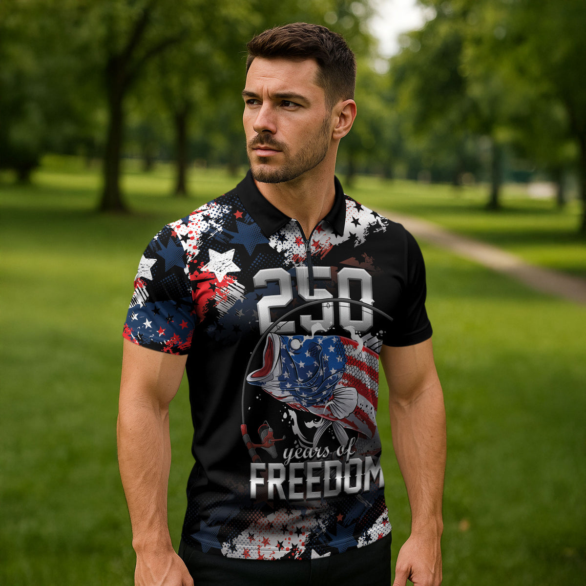 Personalized Largemouth Bass Fishing Zipper Polo Shirt America 250 Year Freedom