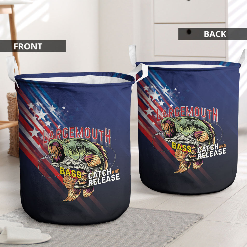 Largemouth Bass Fishing Laundry Basket American Flag