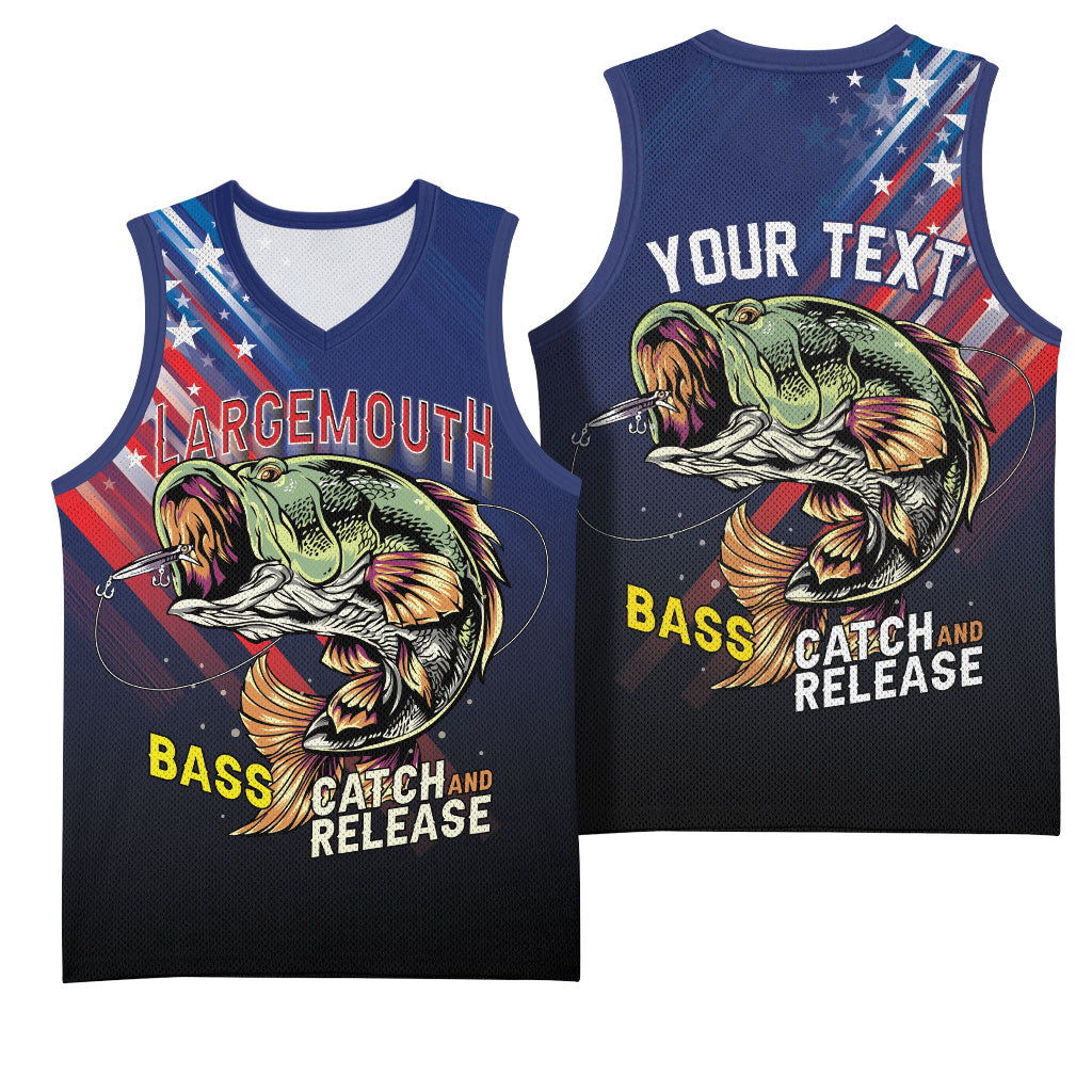 Personalized Largemouth Bass Fishing Basketball Jersey American Flag