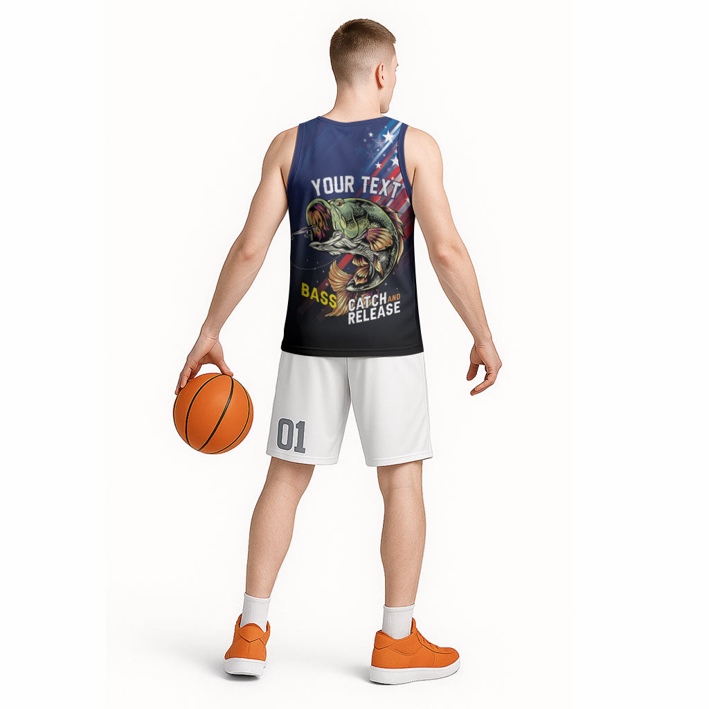 Personalized Largemouth Bass Fishing Basketball Jersey American Flag