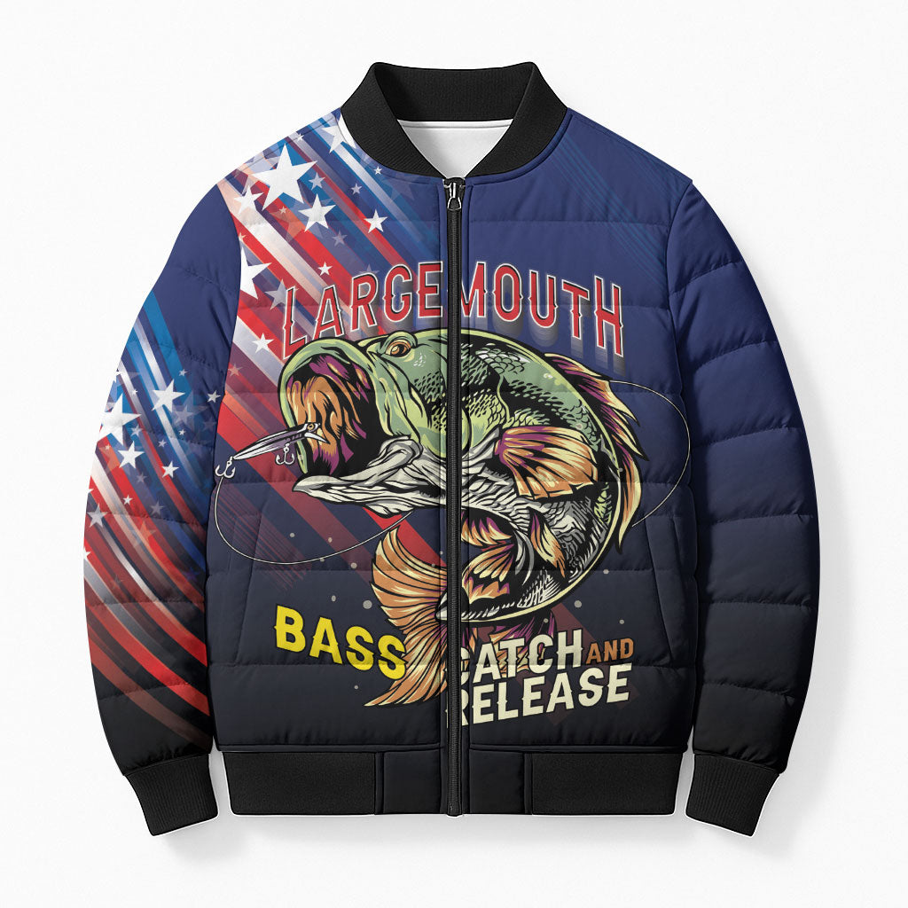 Personalized Largemouth Bass Fishing Bomber Puffer Jacket American Flag