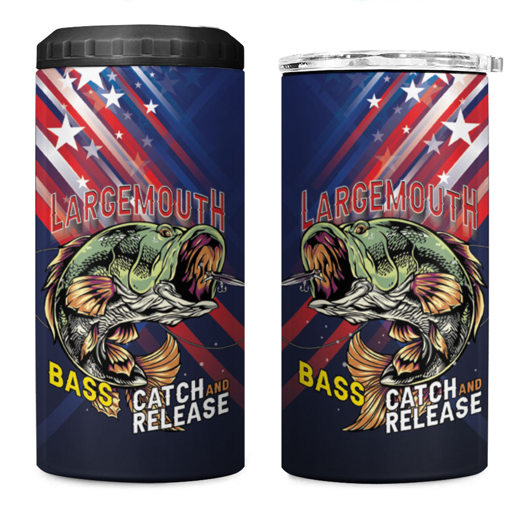 Personalized Largemouth Bass Fishing 4 in 1 Can Cooler Tumbler American Flag