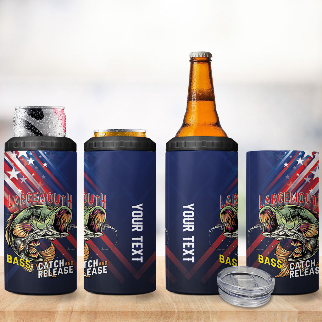 Personalized Largemouth Bass Fishing 4 in 1 Can Cooler Tumbler American Flag