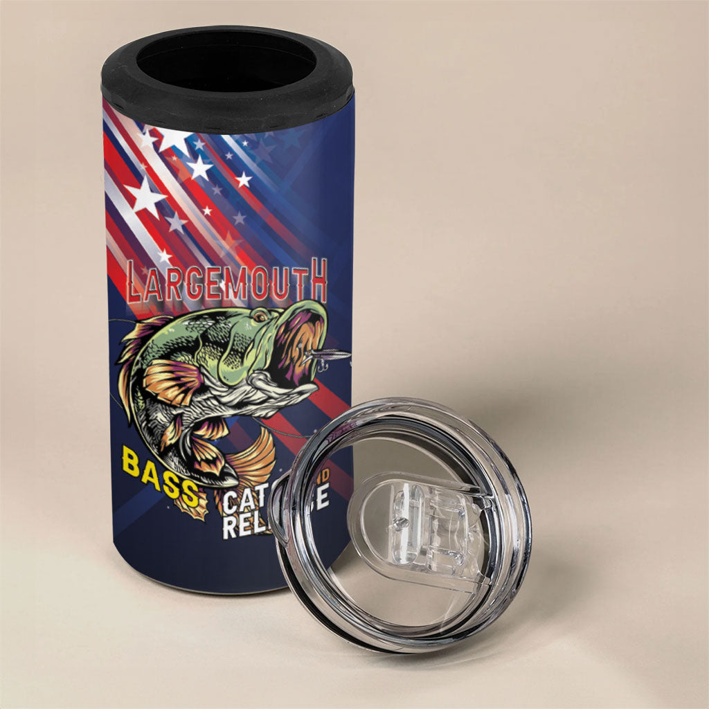 Personalized Largemouth Bass Fishing 4 in 1 Can Cooler Tumbler American Flag