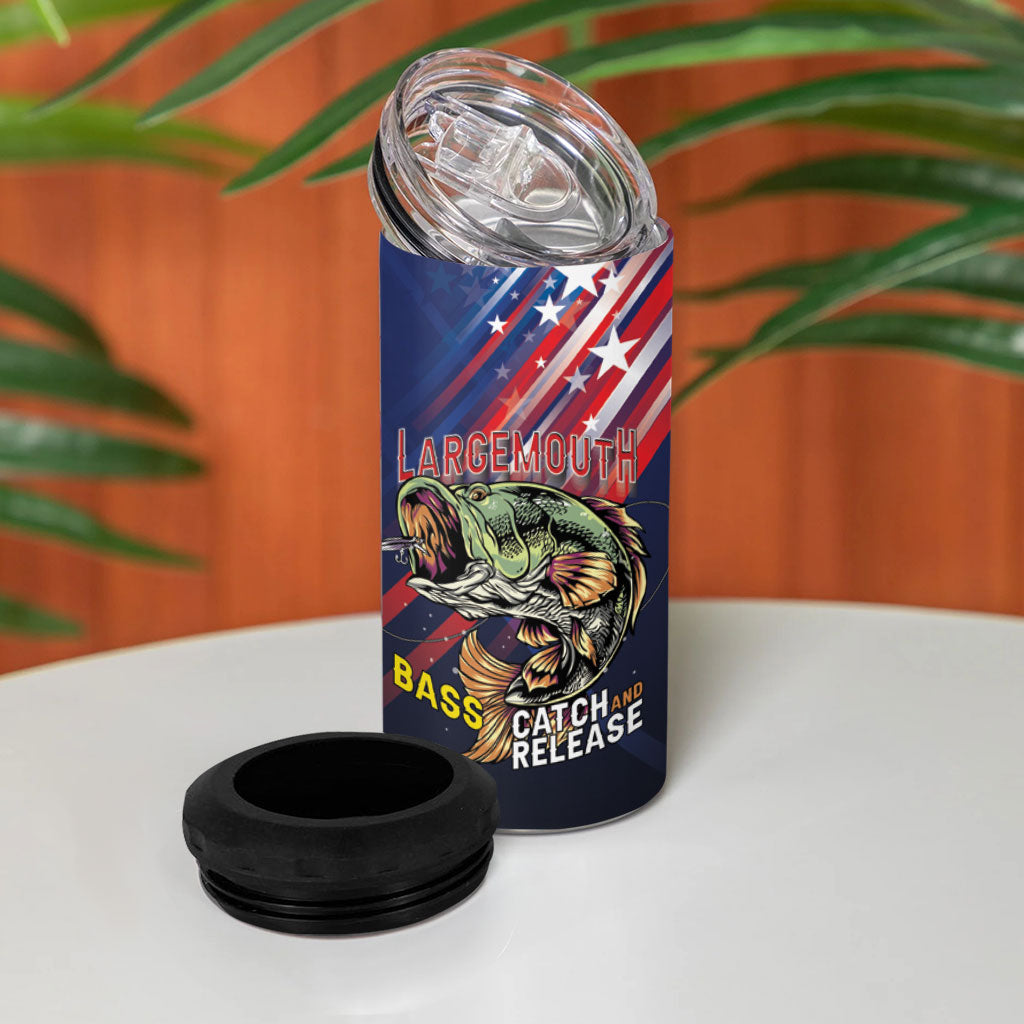 Personalized Largemouth Bass Fishing 4 in 1 Can Cooler Tumbler American Flag