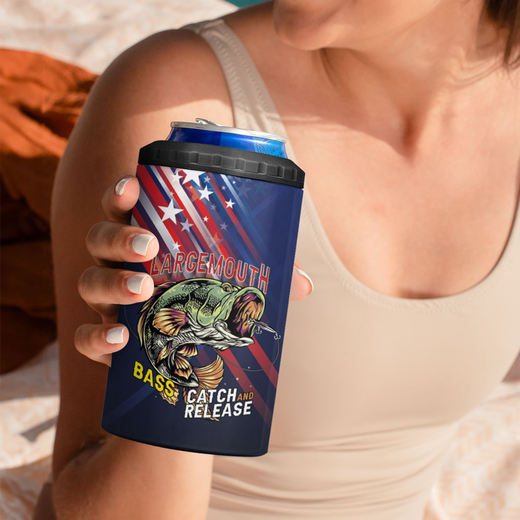 Personalized Largemouth Bass Fishing 4 in 1 Can Cooler Tumbler American Flag