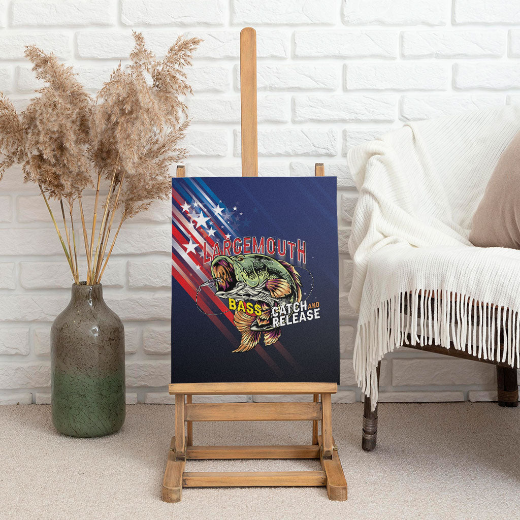 Largemouth Bass Fishing Canvas Wall Art American Flag