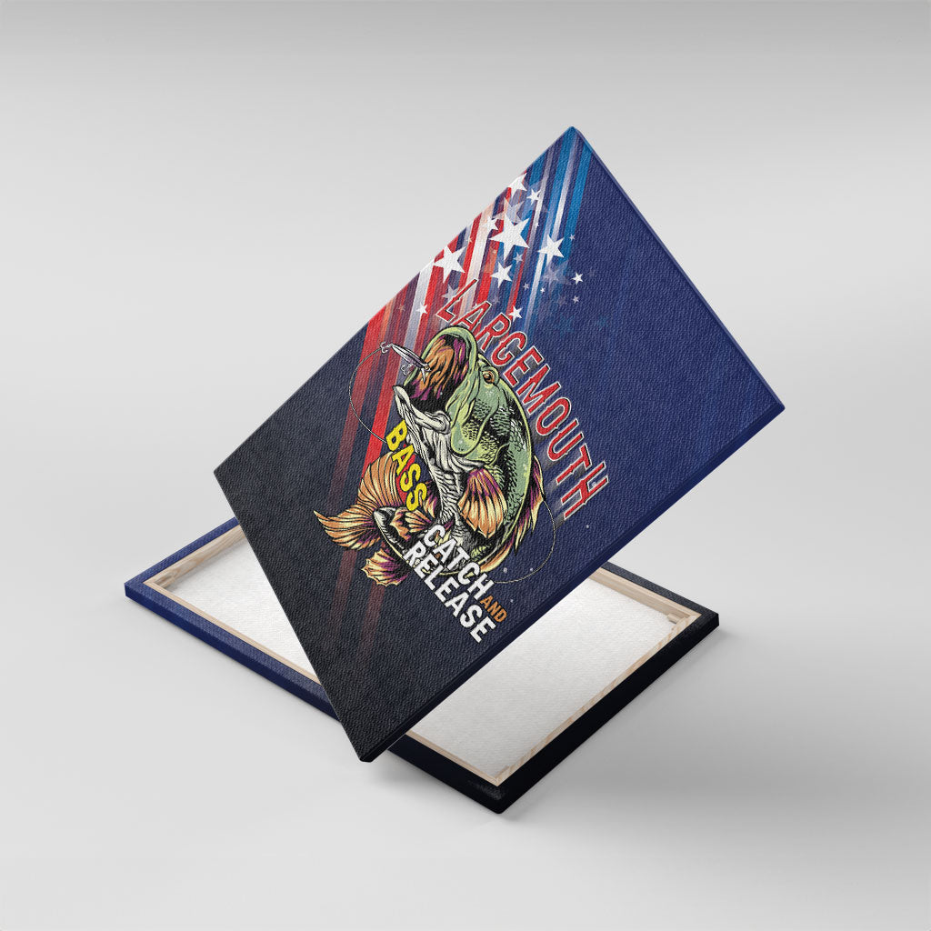 Largemouth Bass Fishing Canvas Wall Art American Flag