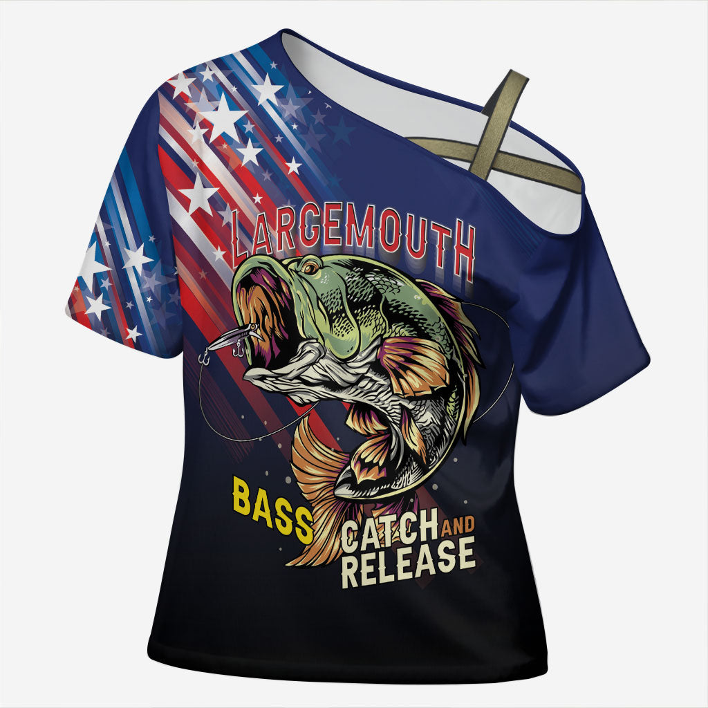 Personalized Largemouth Bass Fishing Cross Shoulder Shirt American Flag