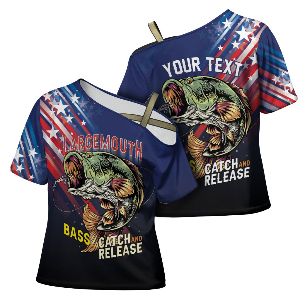 Personalized Largemouth Bass Fishing Cross Shoulder Shirt American Flag