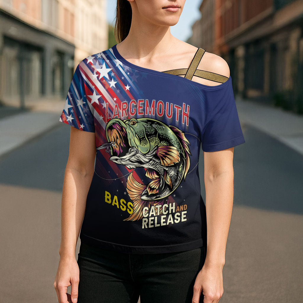 Personalized Largemouth Bass Fishing Cross Shoulder Shirt American Flag