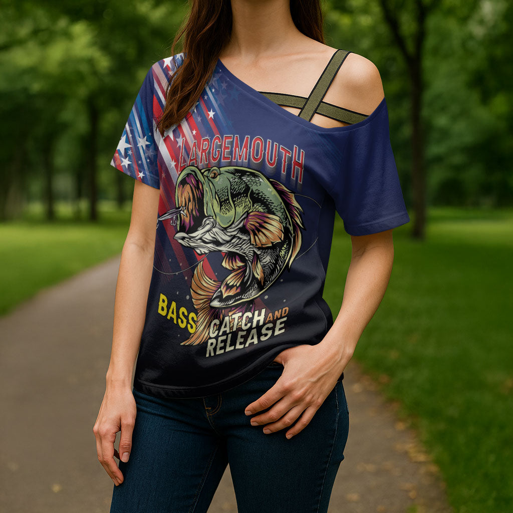 Personalized Largemouth Bass Fishing Cross Shoulder Shirt American Flag