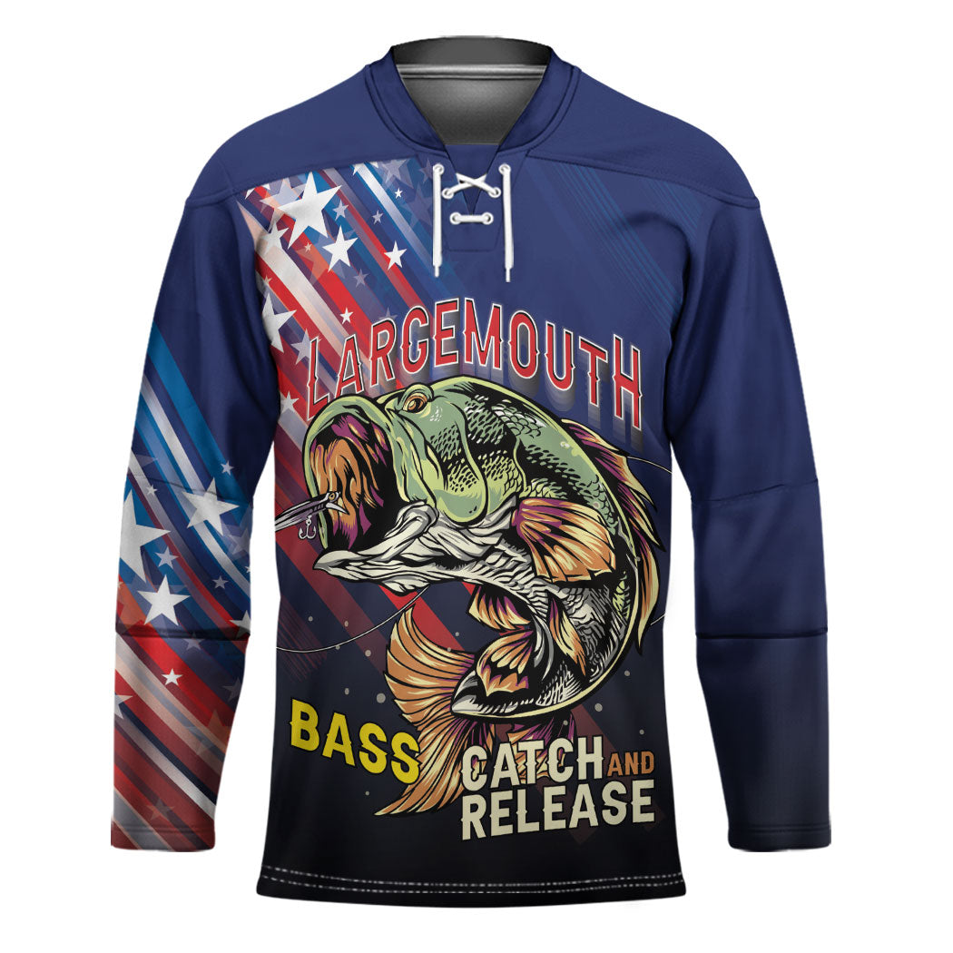 Personalized Largemouth Bass Fishing Hockey Jersey American Flag