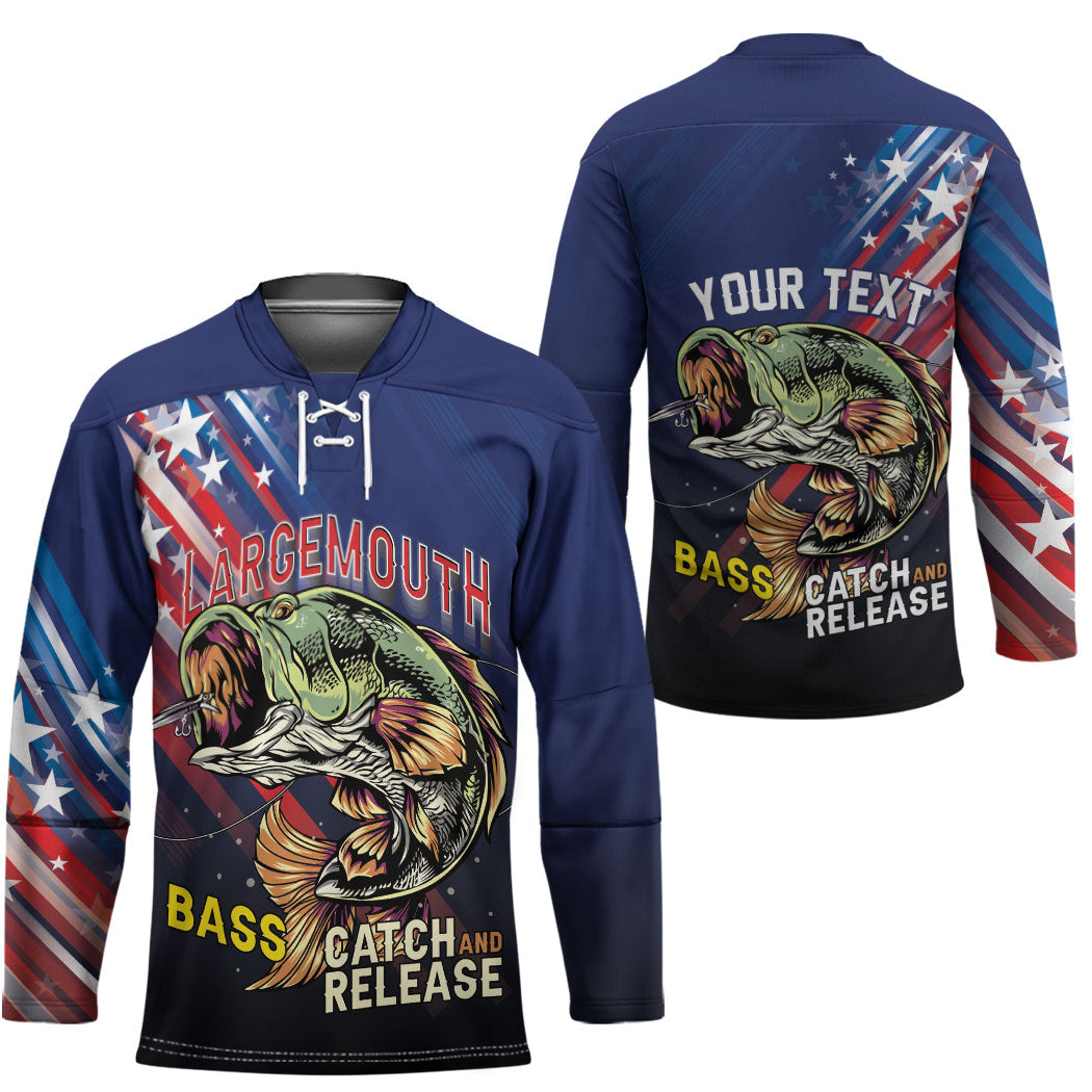 Personalized Largemouth Bass Fishing Hockey Jersey American Flag