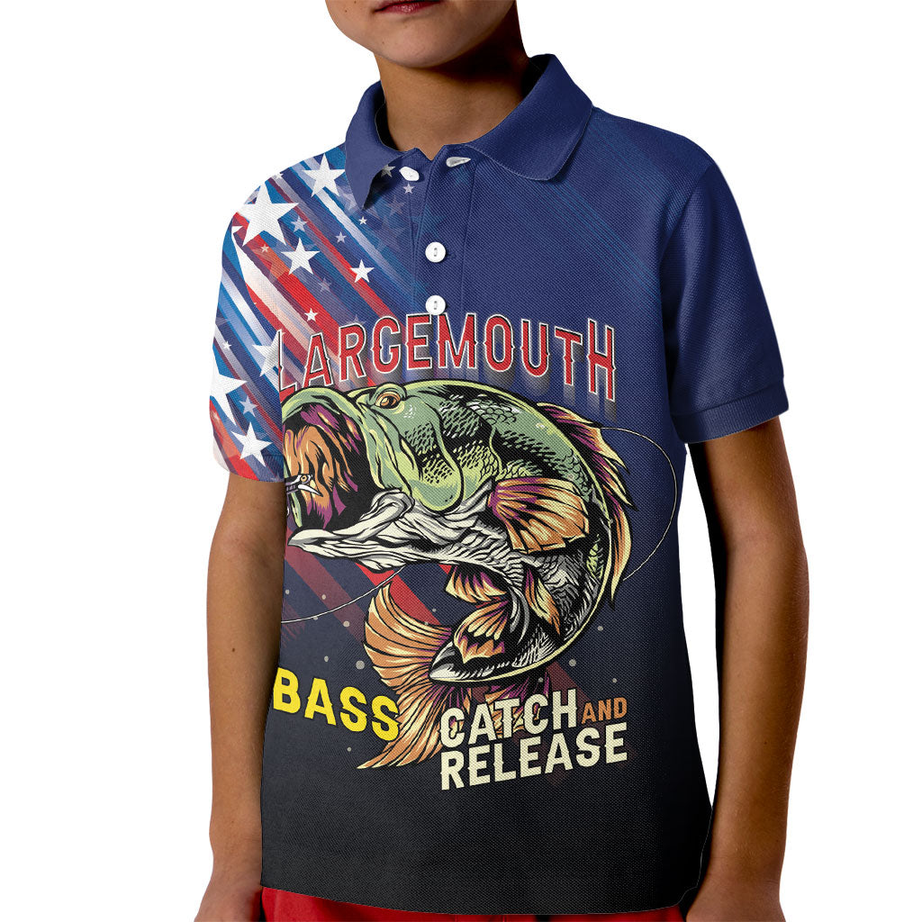 Personalized Largemouth Bass Fishing Kid Polo Shirt American Flag
