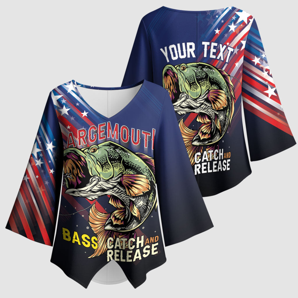 Personalized Largemouth Bass Fishing Kimono Sleeve Blouse American Flag