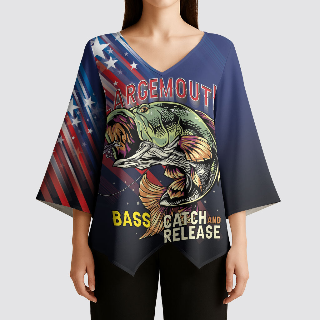 Personalized Largemouth Bass Fishing Kimono Sleeve Blouse American Flag