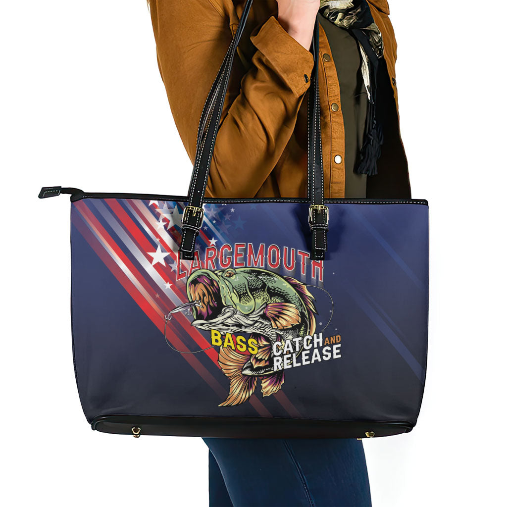 Largemouth Bass Fishing Leather Tote Bag American Flag