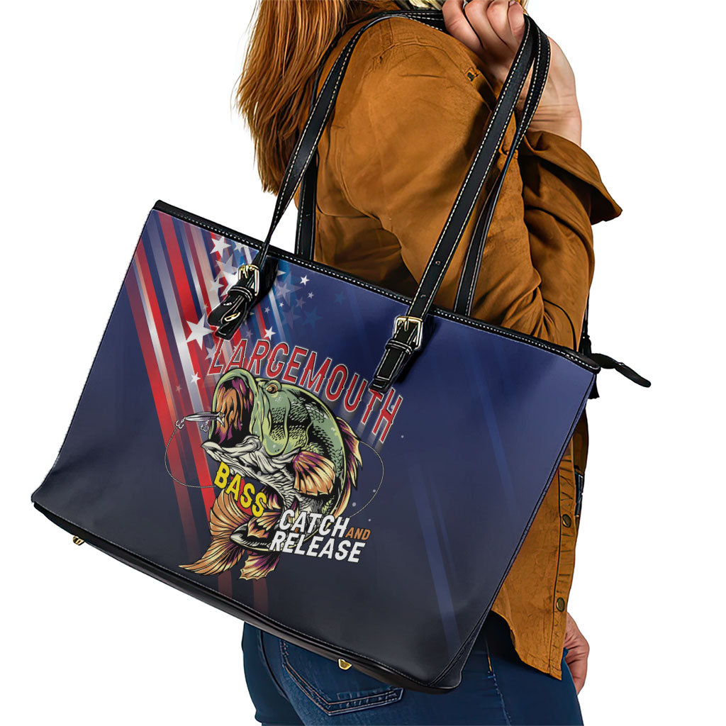 Largemouth Bass Fishing Leather Tote Bag American Flag