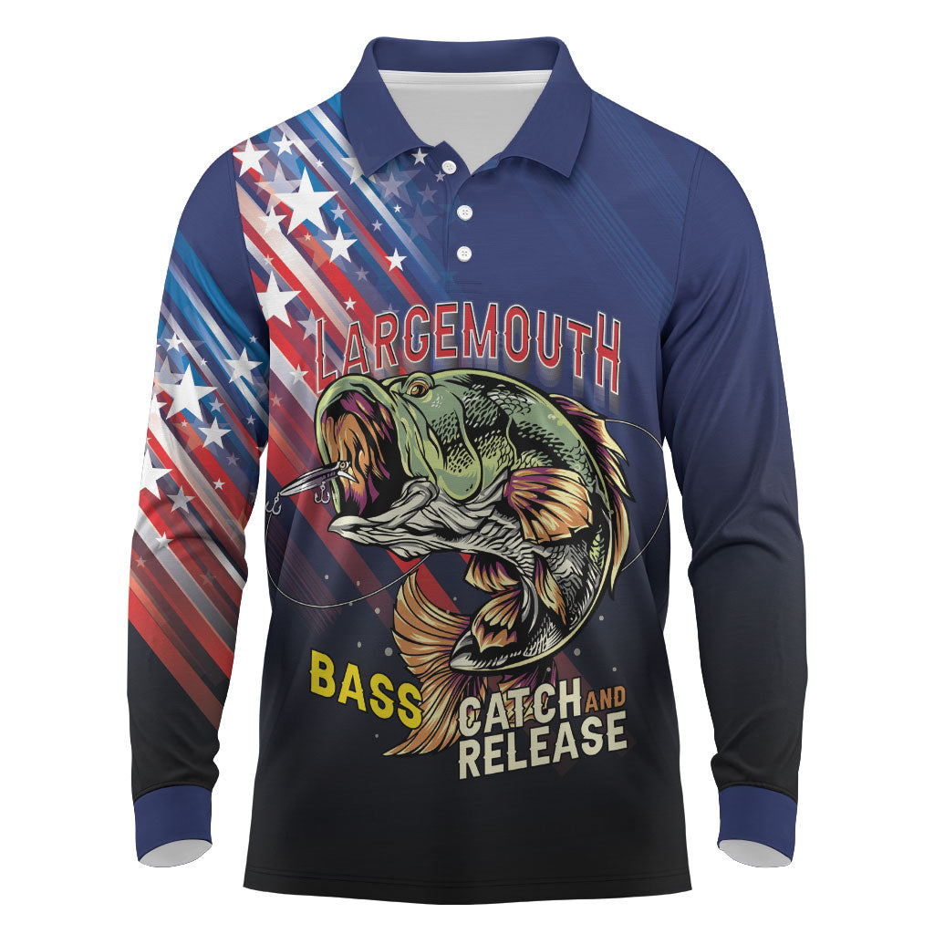 Personalized Largemouth Bass Fishing Long Sleeve Polo Shirt American Flag