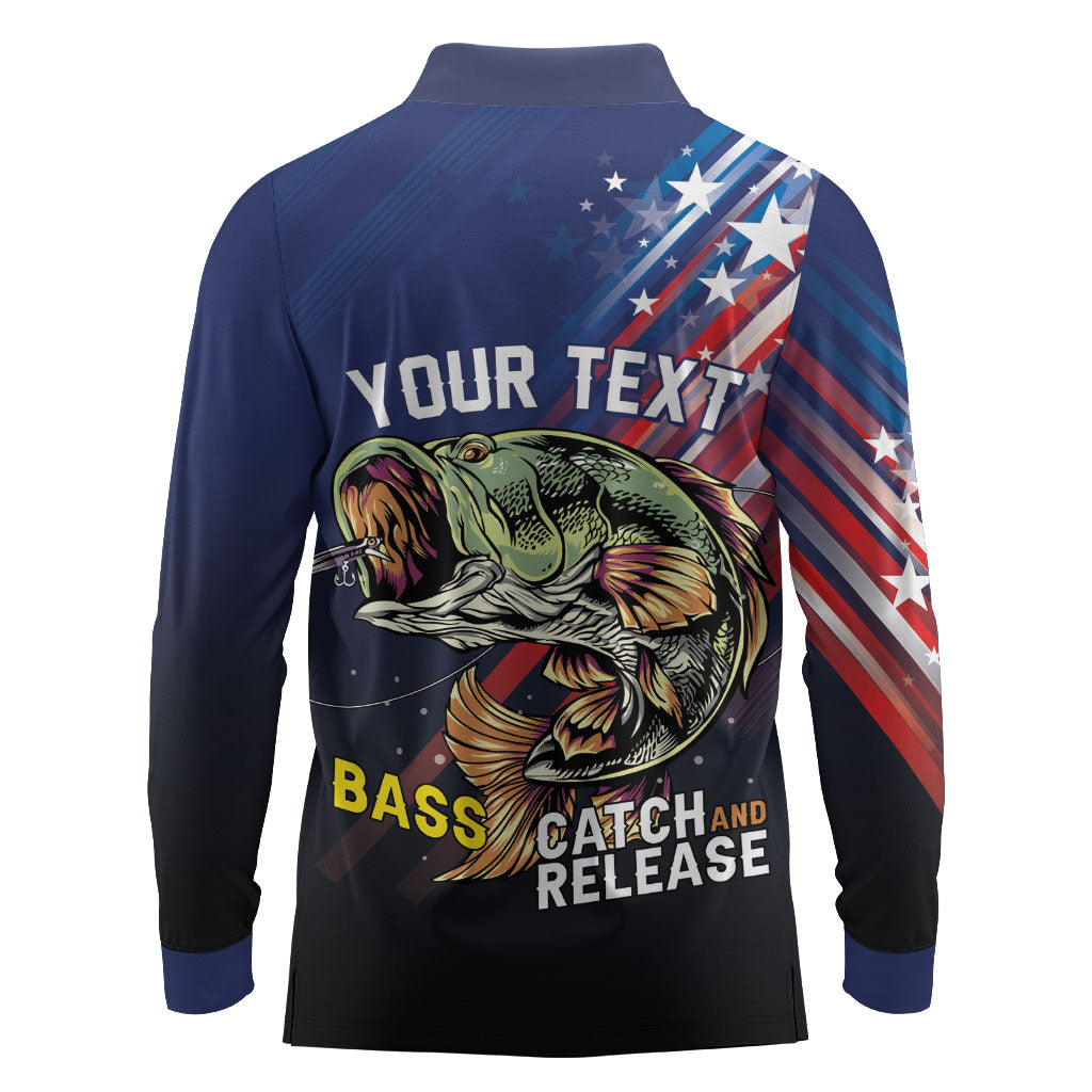 Personalized Largemouth Bass Fishing Long Sleeve Polo Shirt American Flag
