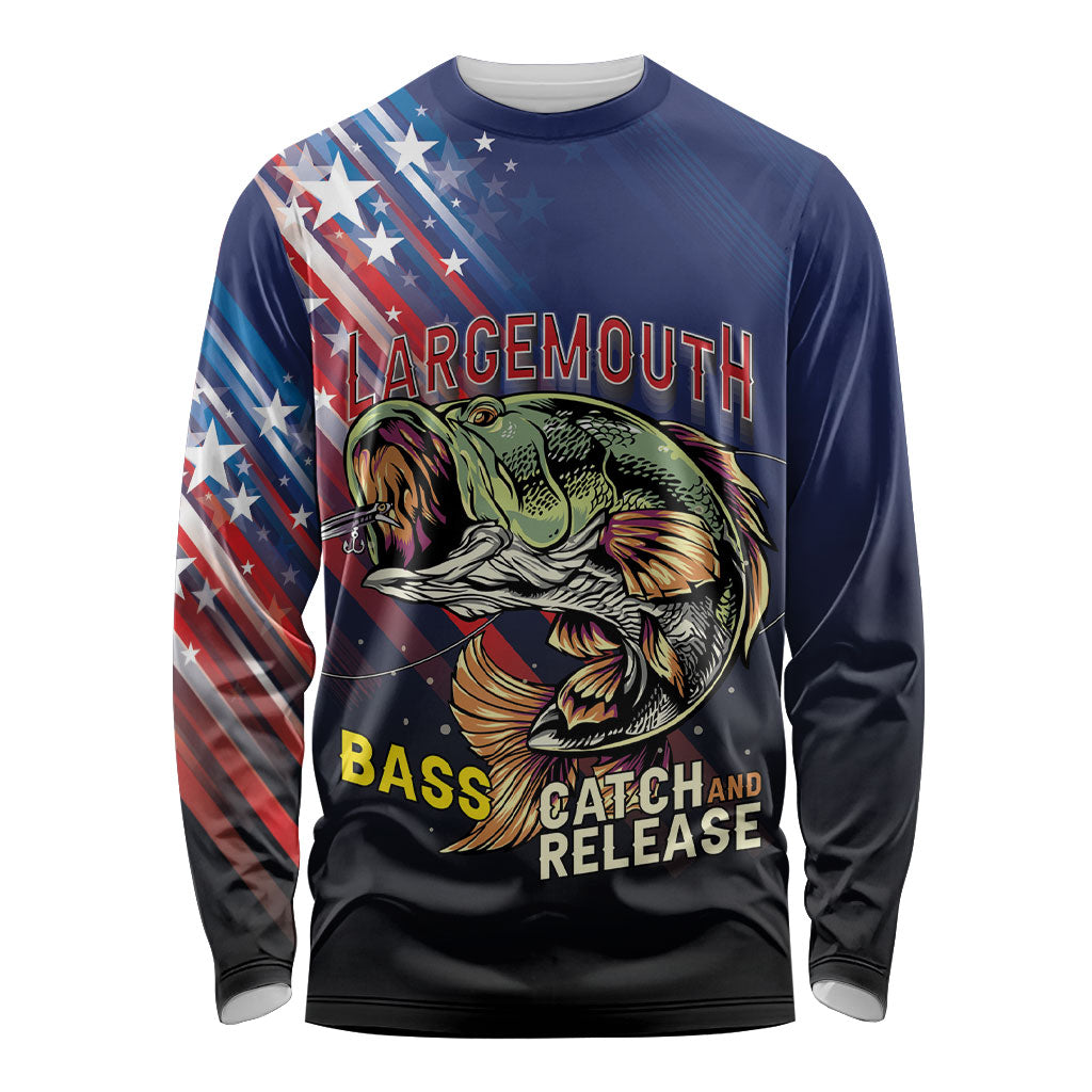 Personalized Largemouth Bass Fishing Long Sleeve Shirt American Flag