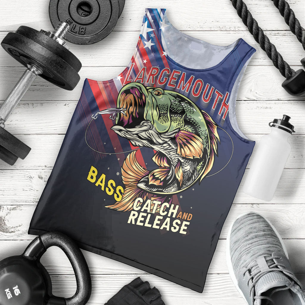 Personalized Largemouth Bass Fishing Men Tank Top American Flag