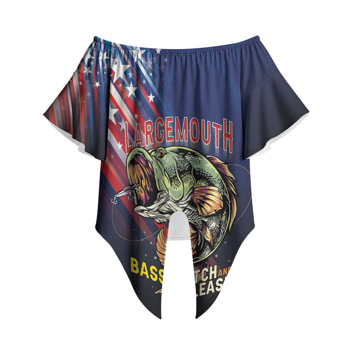 Personalized Largemouth Bass Fishing Off Shoulder Wrap Waist Top American Flag