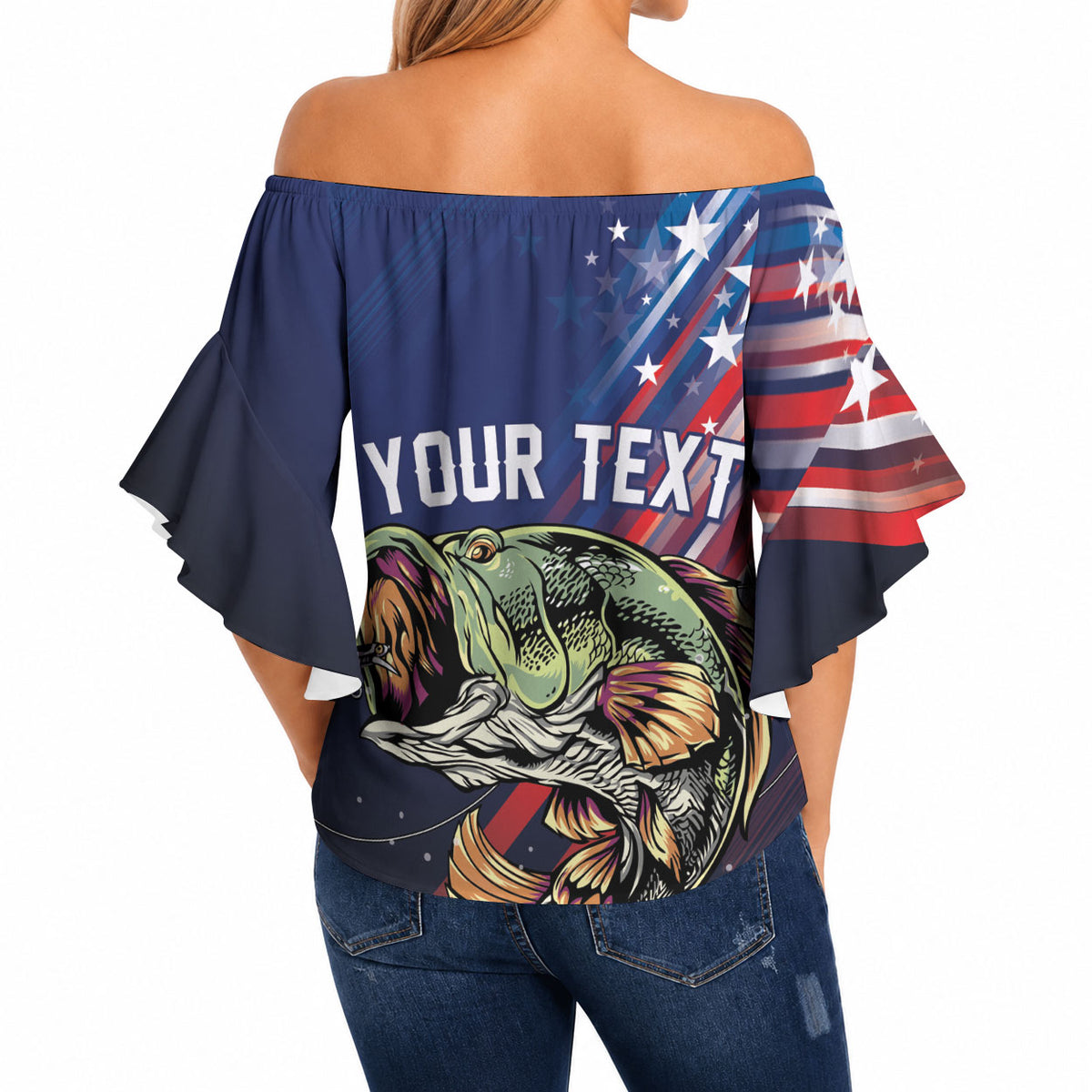 Personalized Largemouth Bass Fishing Off Shoulder Wrap Waist Top American Flag