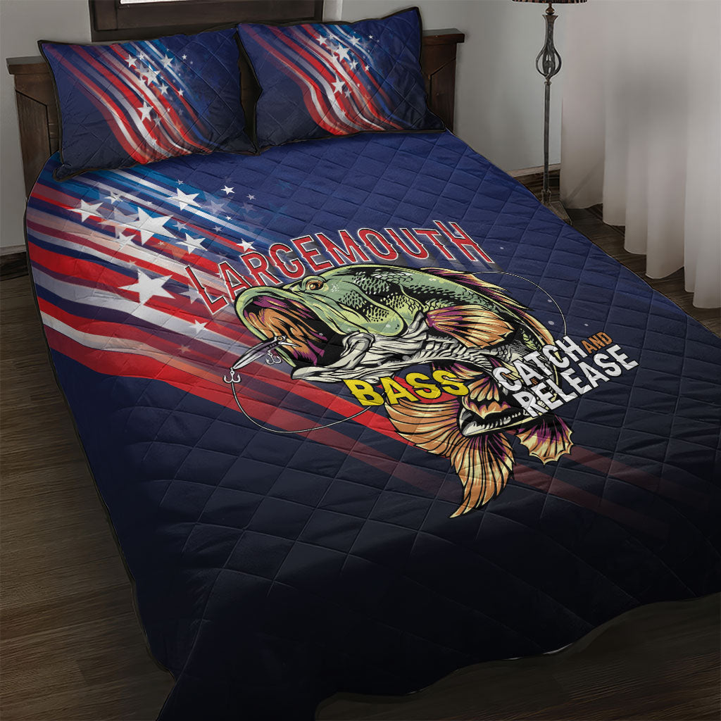 Largemouth Bass Fishing Quilt Bed Set American Flag