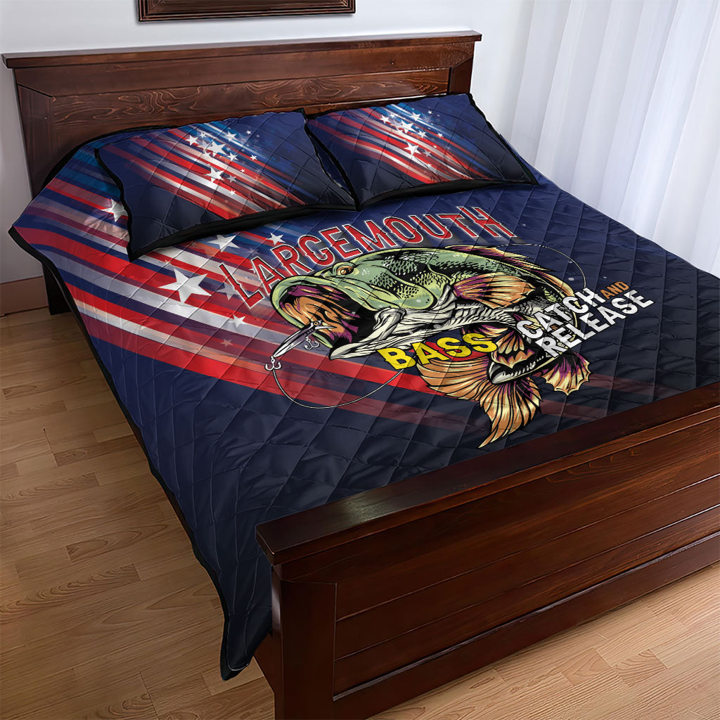 Largemouth Bass Fishing Quilt Bed Set American Flag
