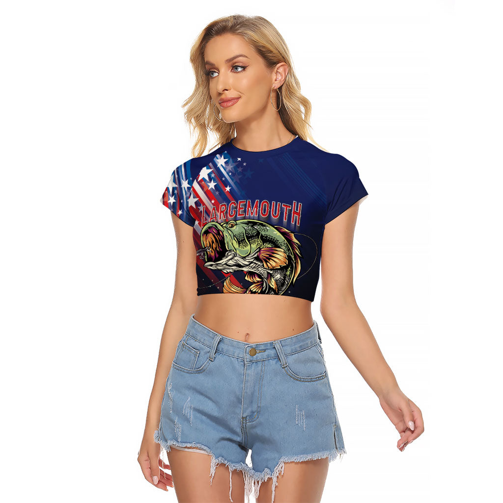 Personalized Largemouth Bass Fishing Raglan Cropped T Shirt American Flag