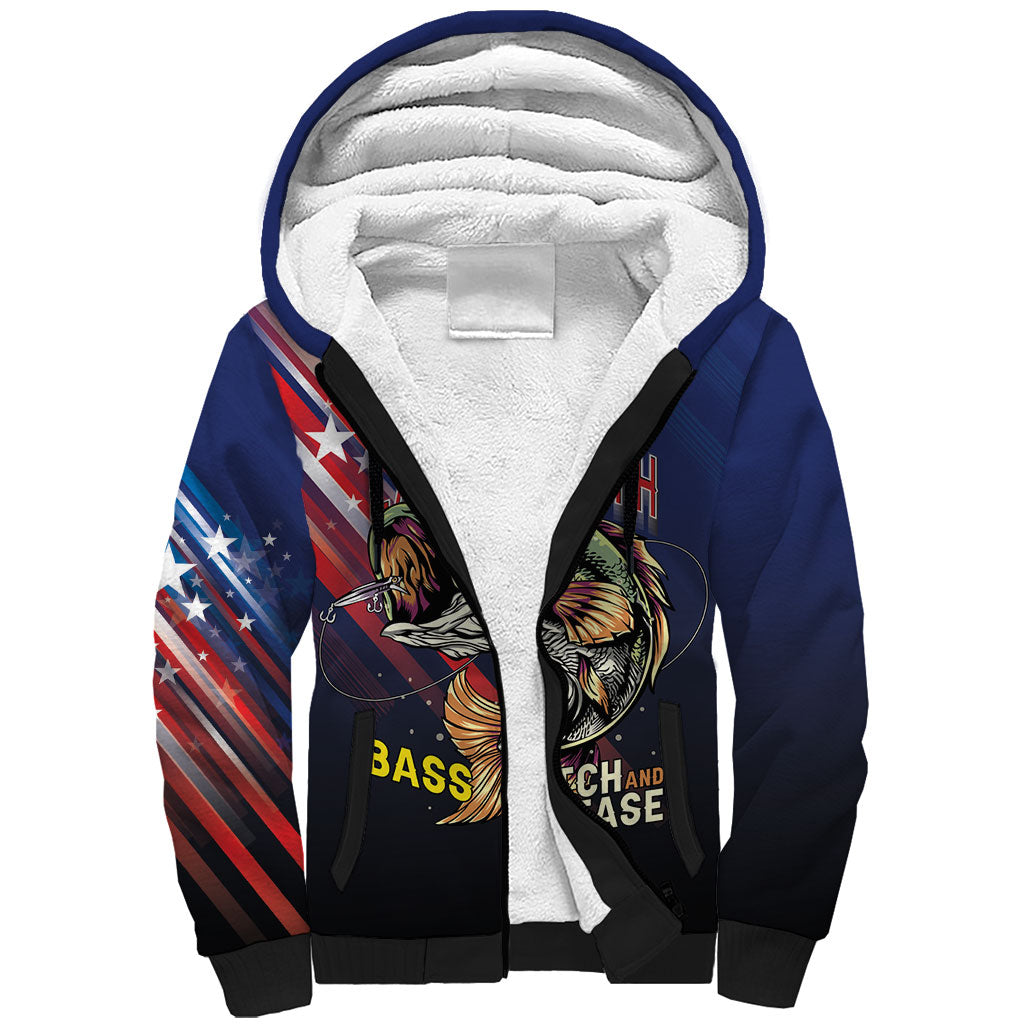 Personalized Largemouth Bass Fishing Sherpa Hoodie American Flag