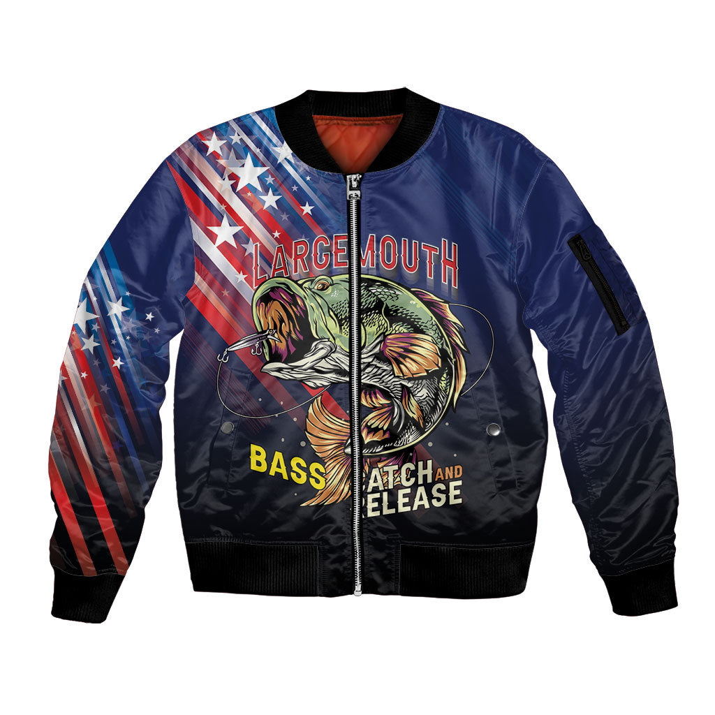 Personalized Largemouth Bass Fishing Sleeve Zip Bomber Jacket American Flag