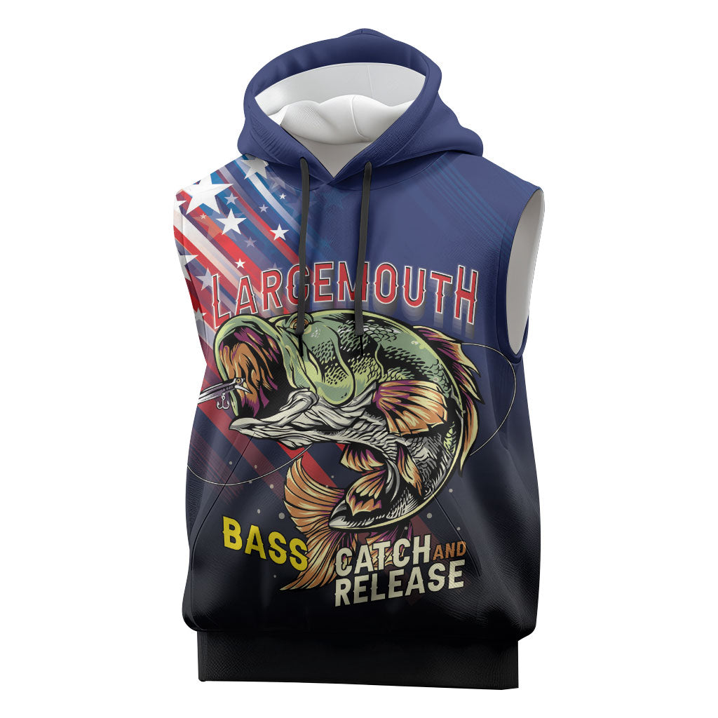 Personalized Largemouth Bass Fishing Sleeveless Hoodie American Flag