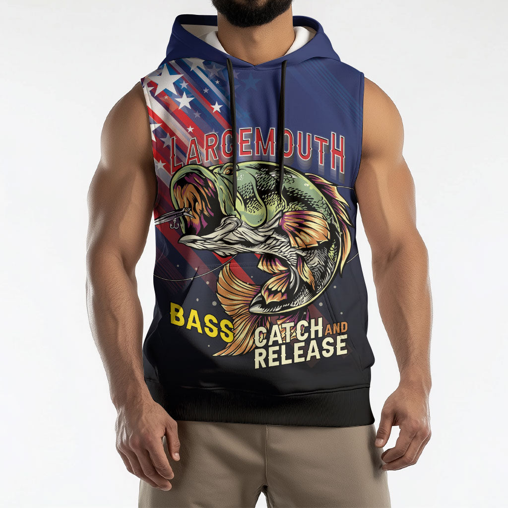 Personalized Largemouth Bass Fishing Sleeveless Hoodie American Flag