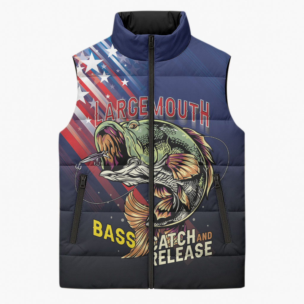 Personalized Largemouth Bass Fishing Sleeveless Puffer Jacket American Flag