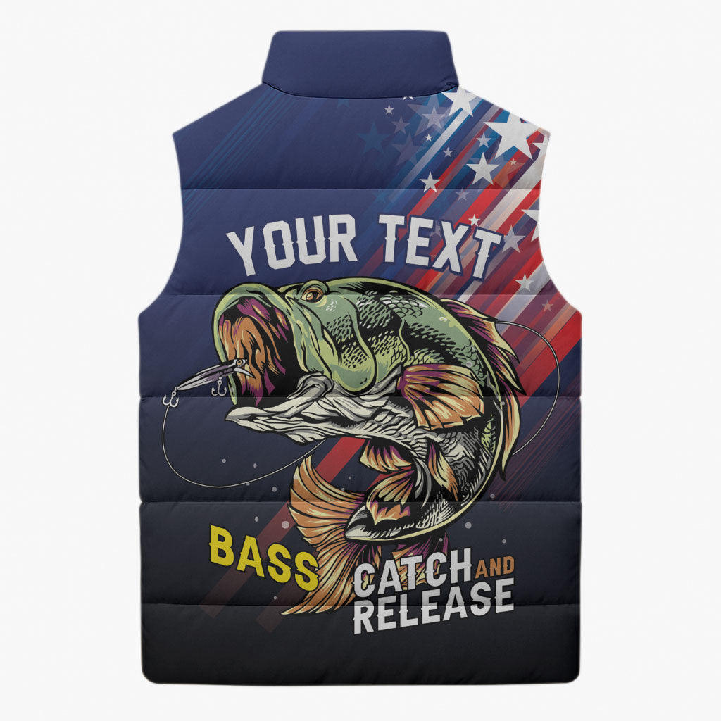 Personalized Largemouth Bass Fishing Sleeveless Puffer Jacket American Flag