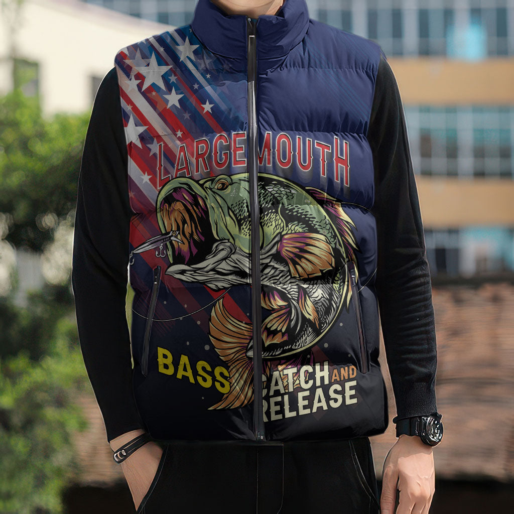 Personalized Largemouth Bass Fishing Sleeveless Puffer Jacket American Flag