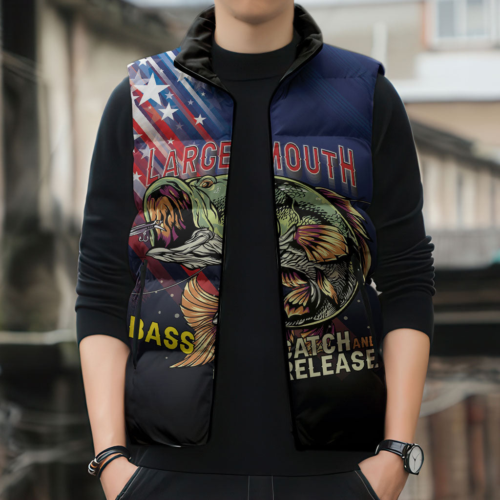 Personalized Largemouth Bass Fishing Sleeveless Puffer Jacket American Flag