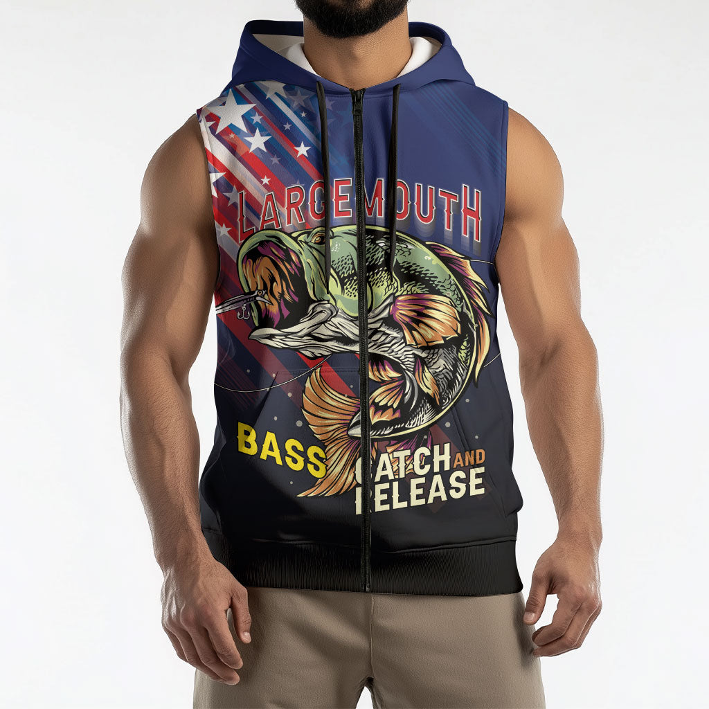 Personalized Largemouth Bass Fishing Sleeveless Zip Hoodie American Flag