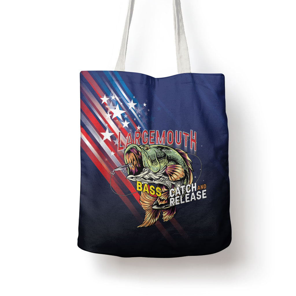 Largemouth Bass Fishing Tote Bag American Flag