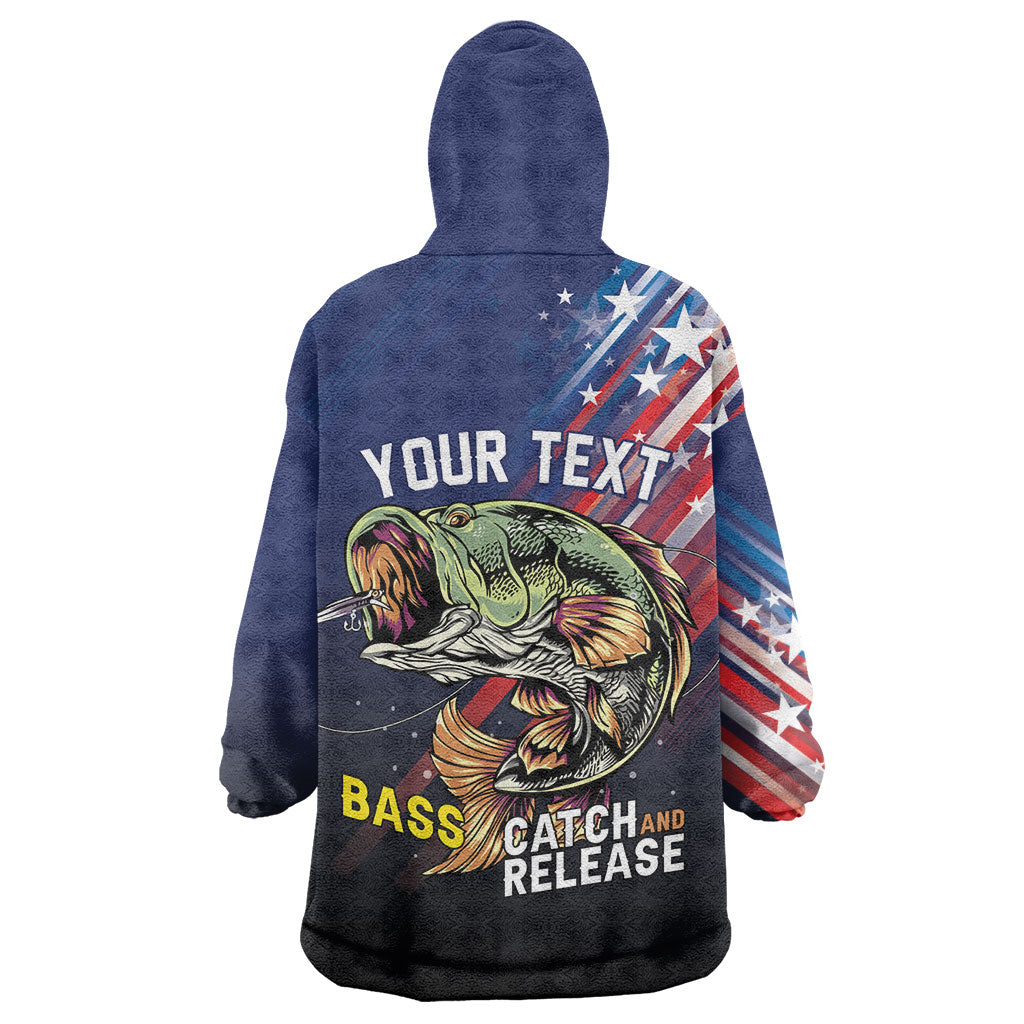 Personalized Largemouth Bass Fishing Wearable Blanket Hoodie American Flag