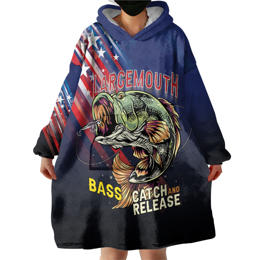 Personalized Largemouth Bass Fishing Wearable Blanket Hoodie American Flag