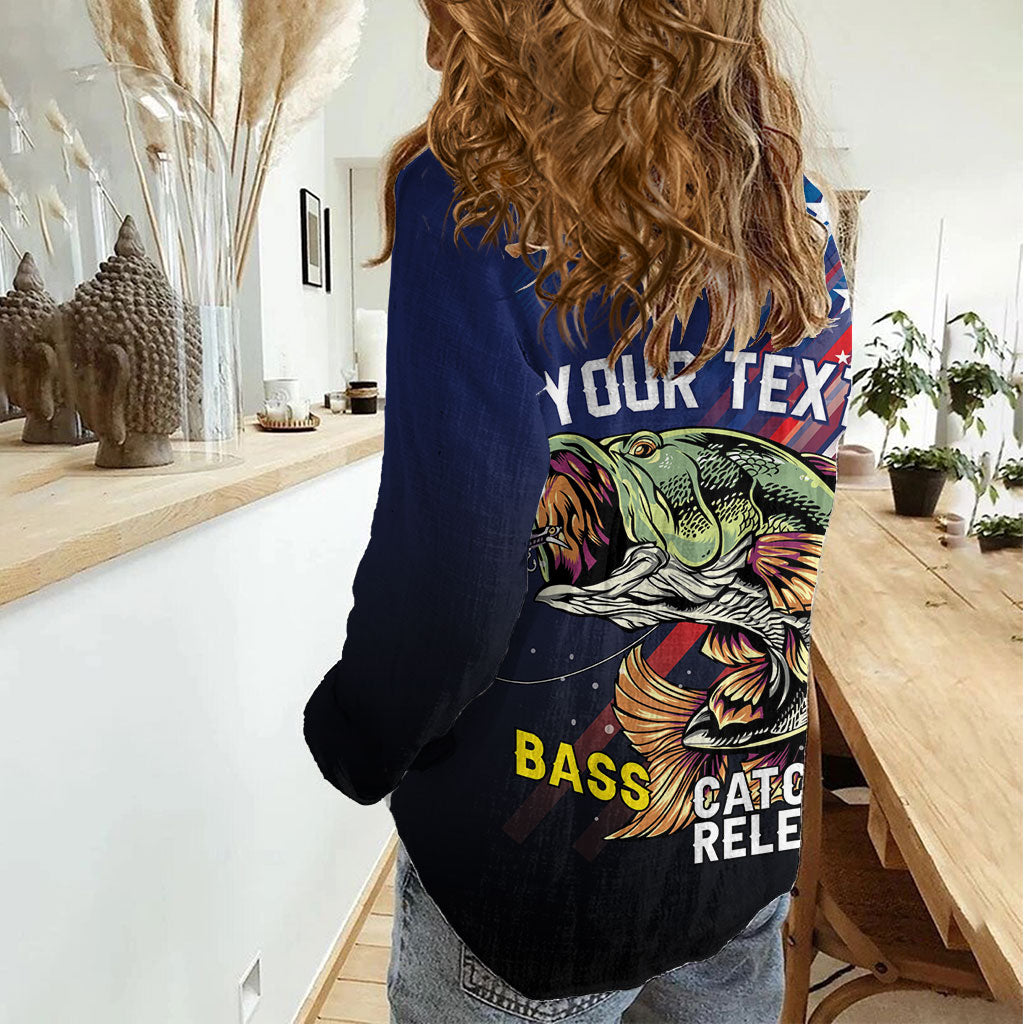 Personalized Largemouth Bass Fishing Women Casual Shirt American Flag
